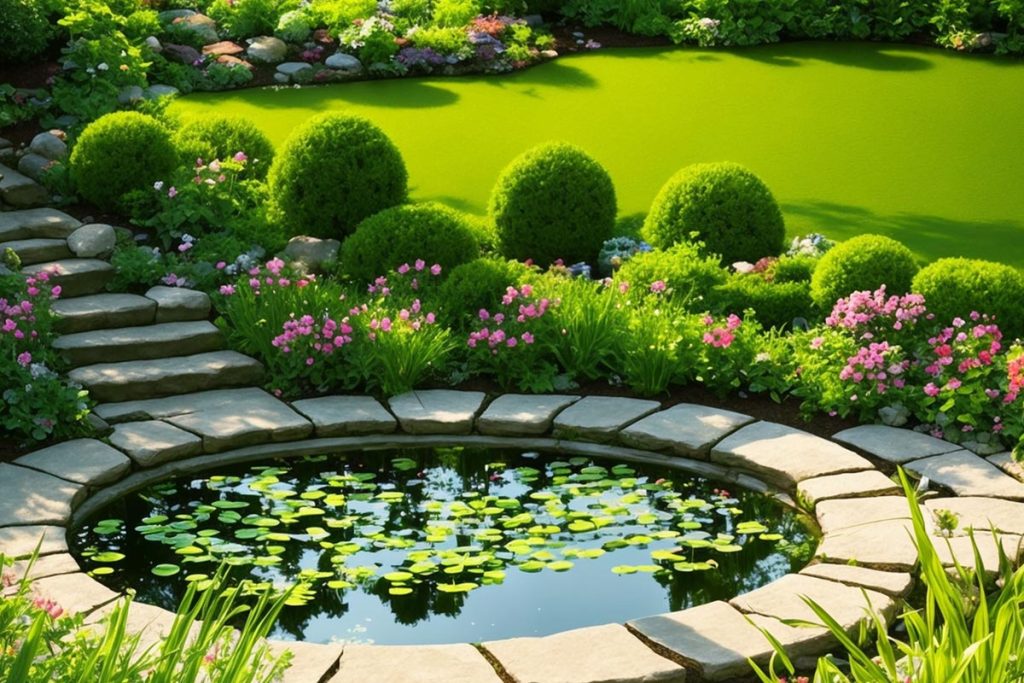 Circular landscaped pond with stones and flowers surrounding it